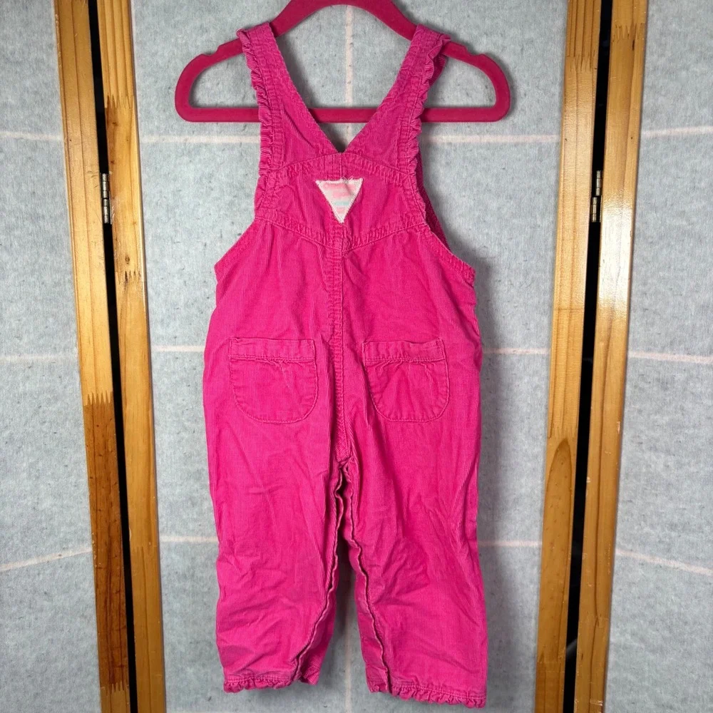 OshKosh Bgosh Corduroy Overalls Baby Girls 12M Pink Floral Embroidery Ruffle Hem